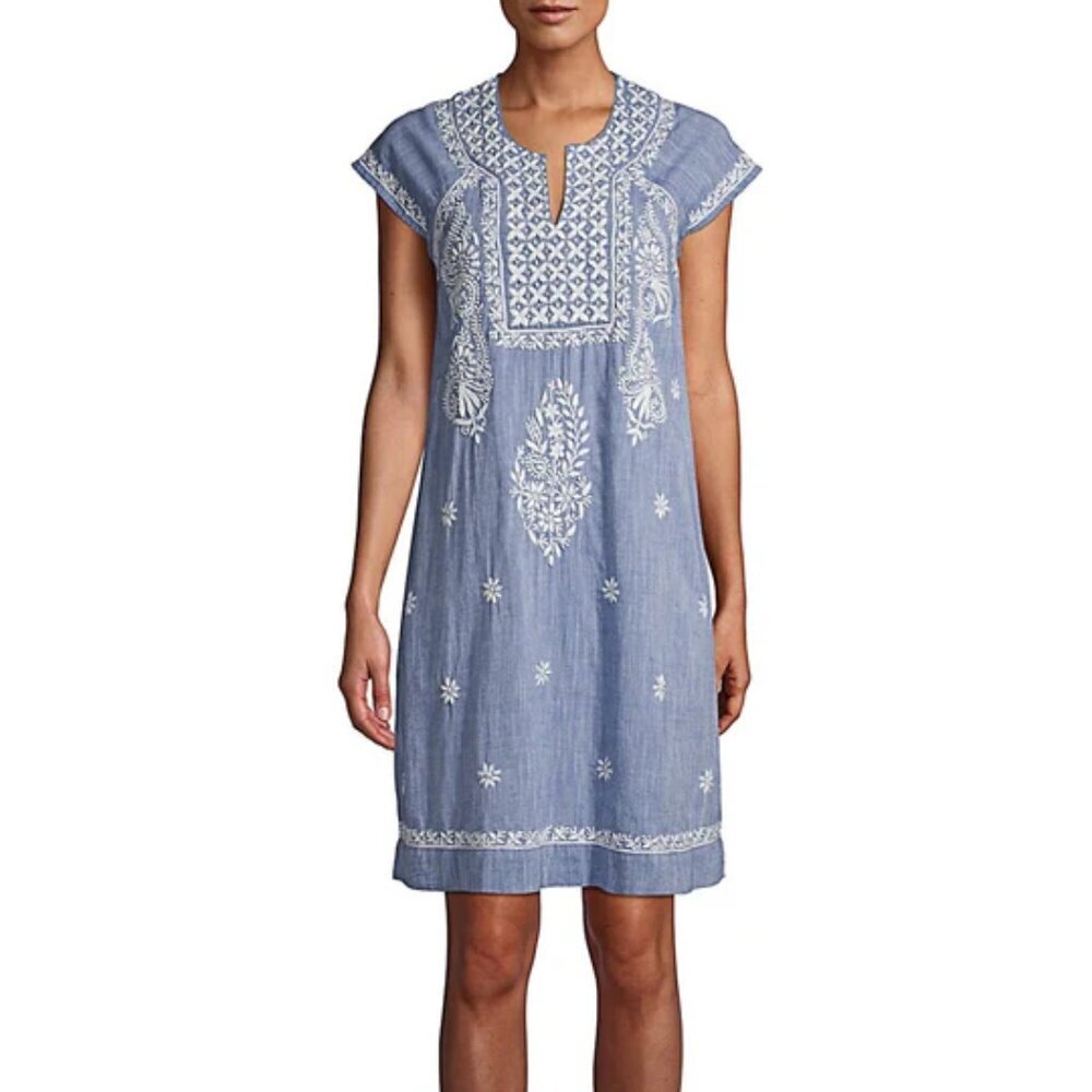Roller Rabbit Blue Cotton Chambray Embroidered Tunic Shift Dress Small